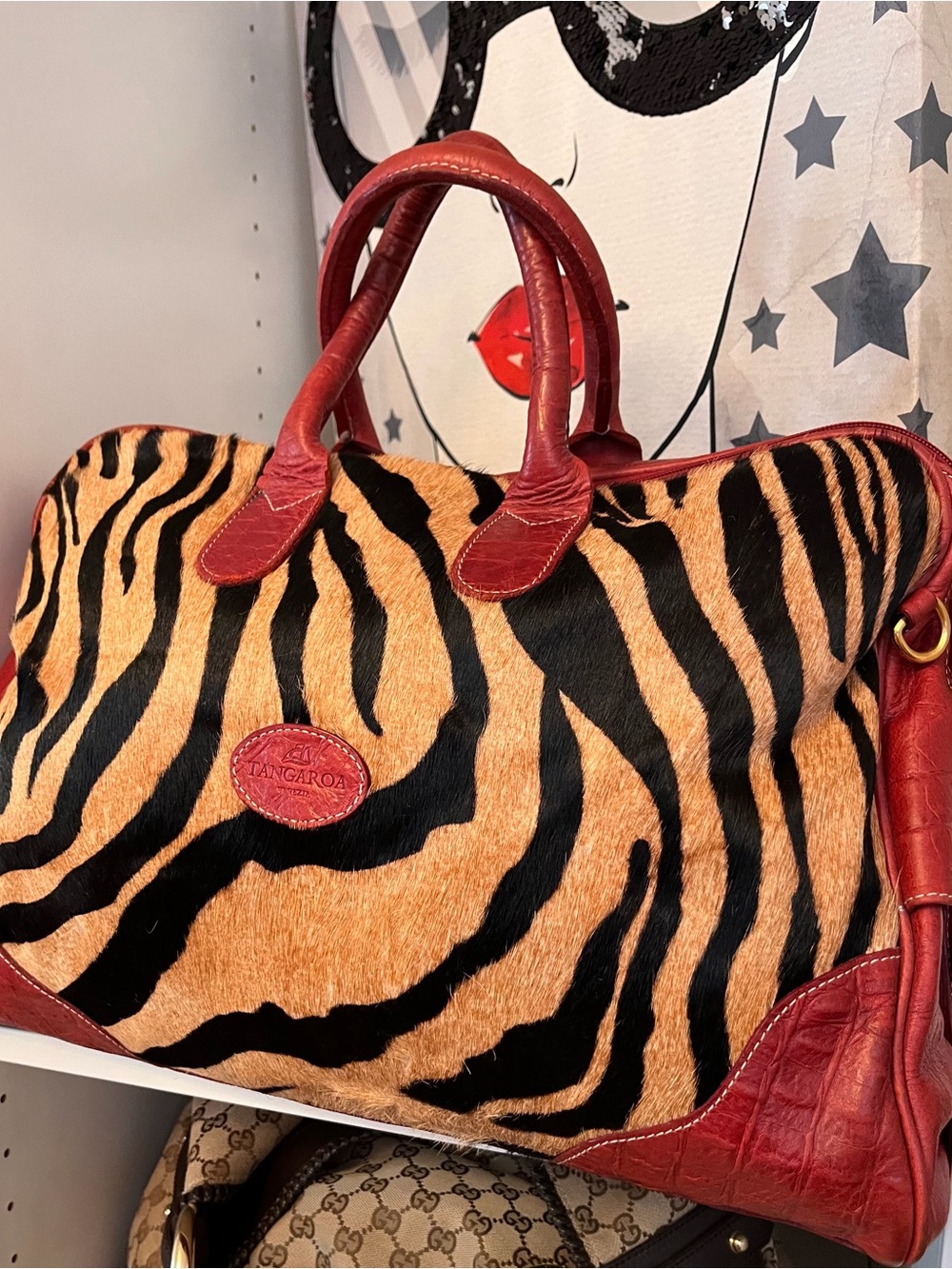 Tangaroa Terrida Travel Tote Bag Deep Red Leather Zebra Print Pony Hair